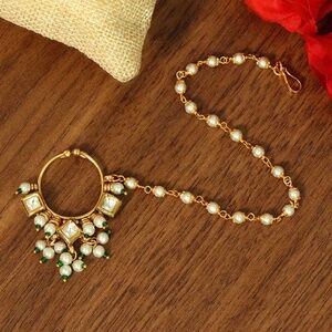 Green Color Kundan Nose Clip On Nath
